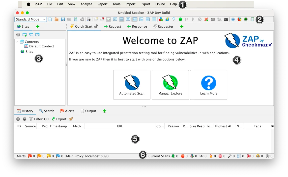 ZAP desktop application showing the Quick Start tab with Automated Scan and Manual Explore options, site tree panel, and alerts panel