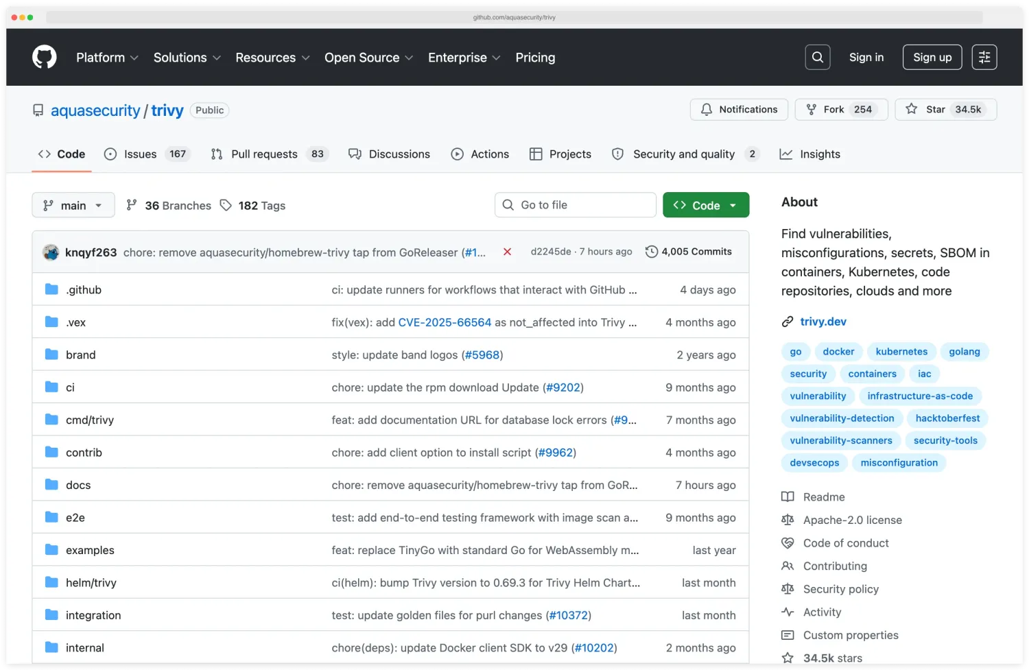Trivy GitHub repository showing 34k+ stars and Apache-2.0 license for the open-source container security scanner