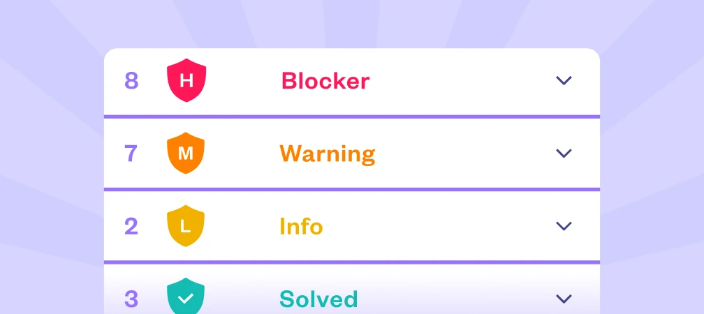 Checkmarx One ASPM severity dashboard showing findings categorized as Blocker, Warning, Info, and Solved with counts