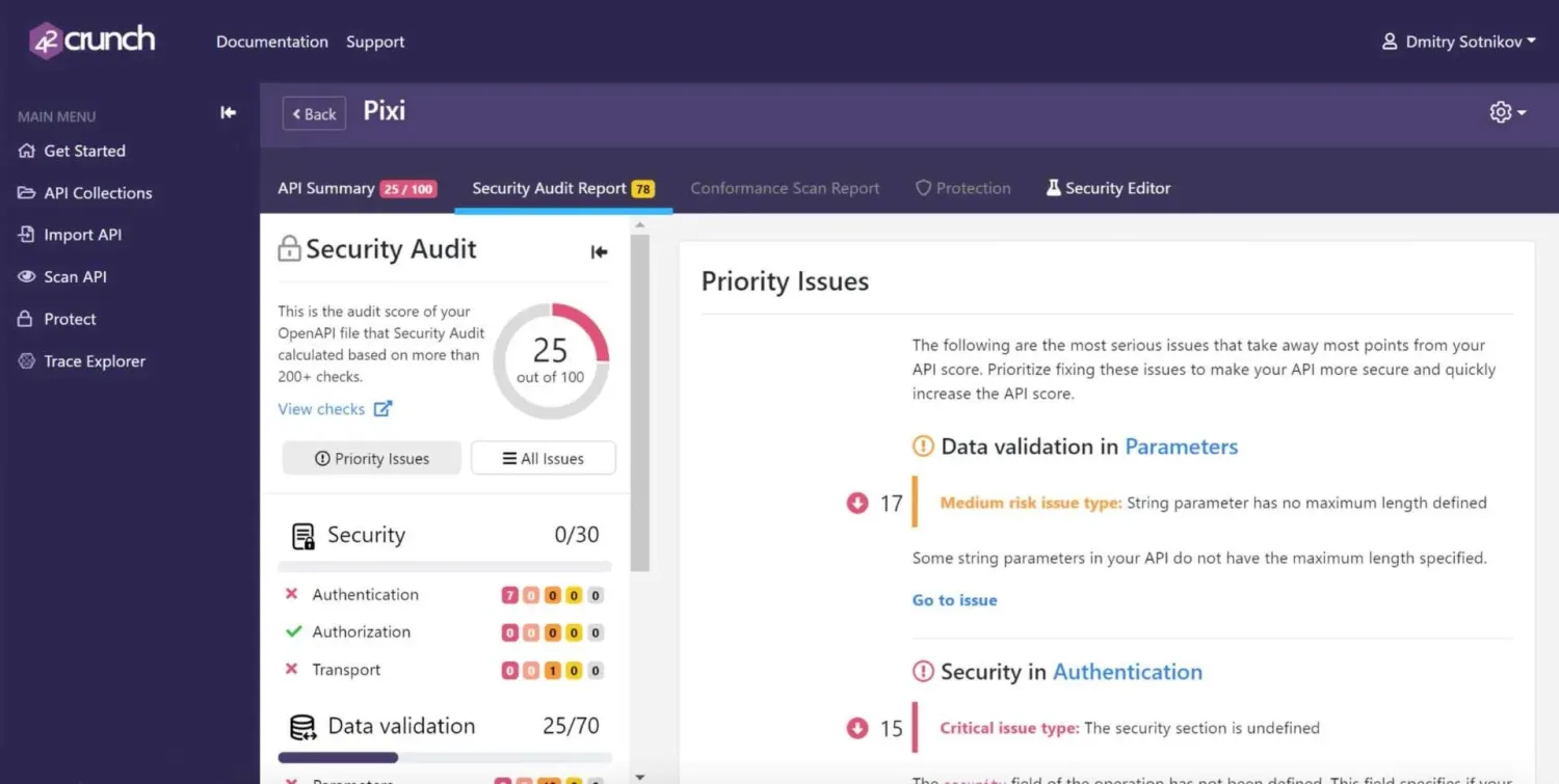 42Crunch Security Audit Report showing API score 25/100 with Authentication and Data validation checks and priority issues panel