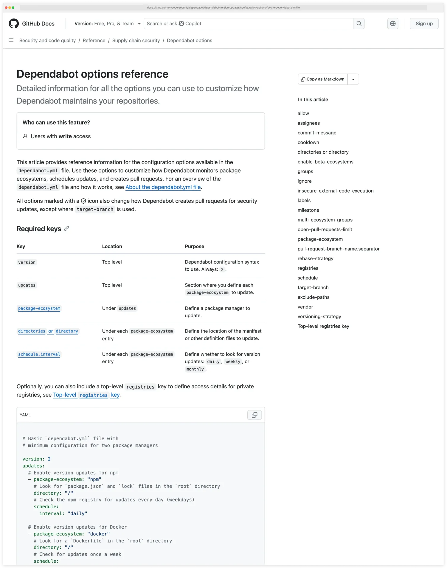 GitHub Docs page showing the configuration options for the dependabot.yml file including package-ecosystem, directory, schedule, target-branch, and groups fields