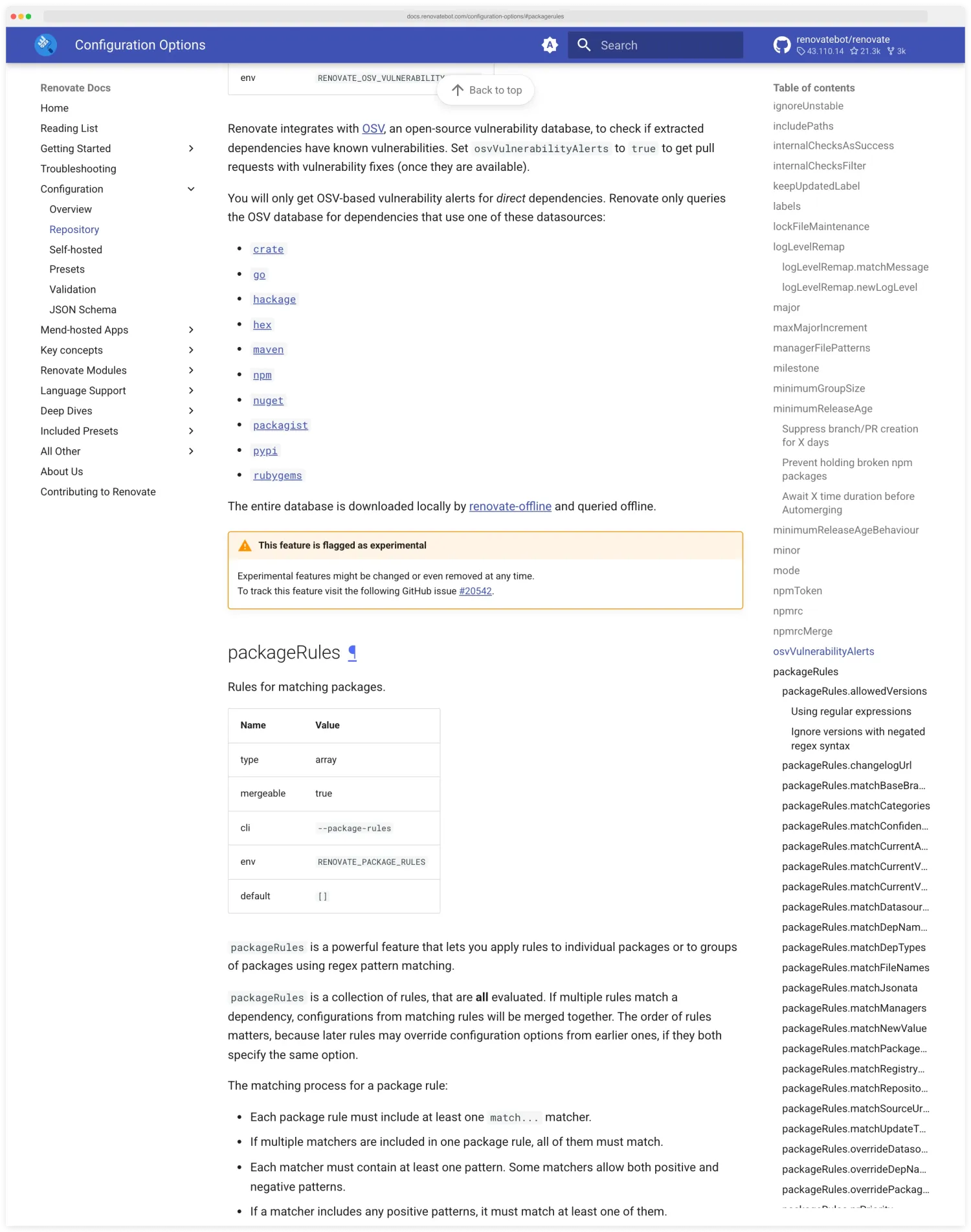 Renovate documentation page showing packageRules configuration with matchPackagePatterns, matchUpdateTypes, automerge, and groupName fields
