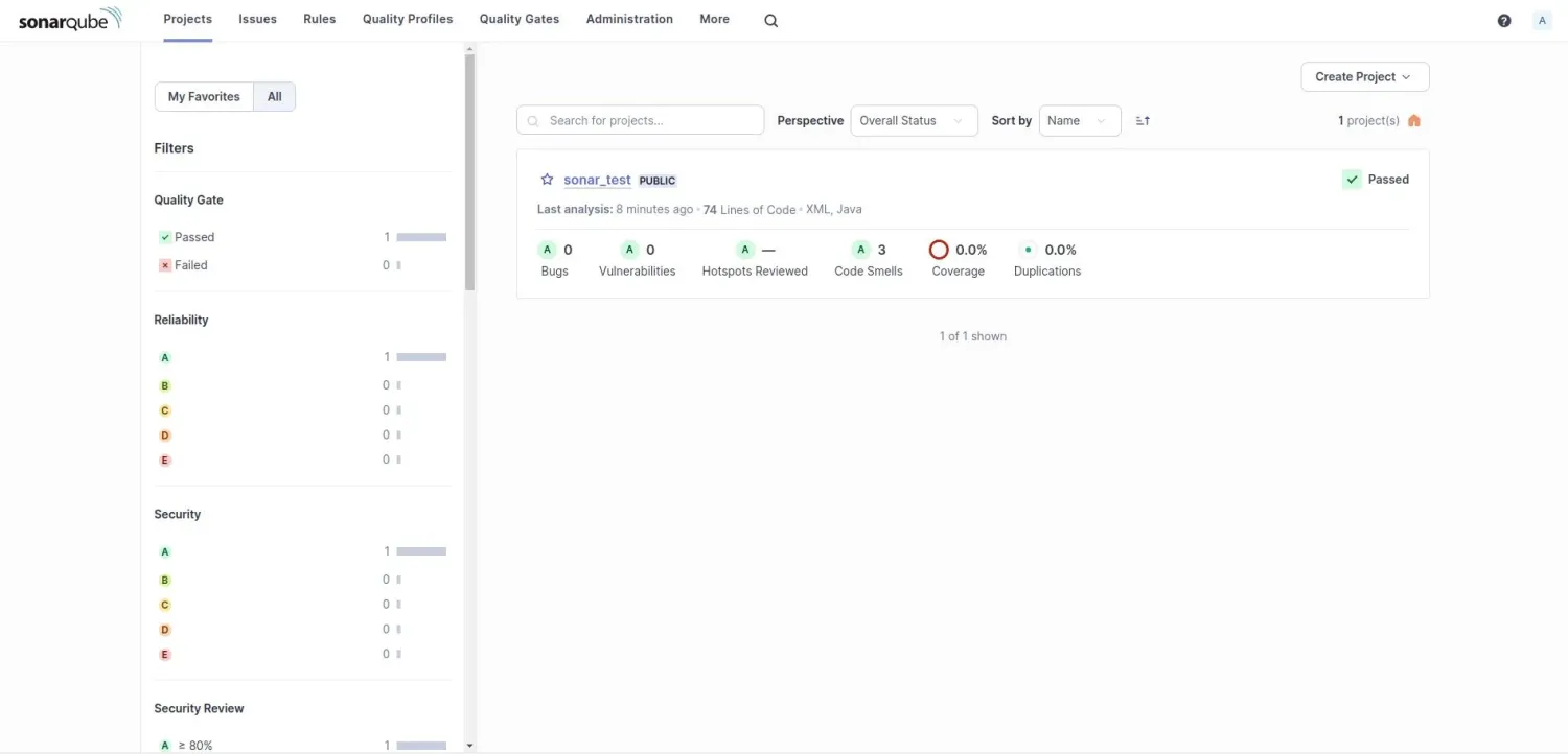 SonarQube Projects view showing a single 'sonar_test' public project with Passed quality gate, 0 bugs, 0 vulnerabilities, 3 code smells, 0.0% coverage, and 0.0% duplications, plus a left sidebar with Quality Gate, Reliability, Security, and Security Review filters