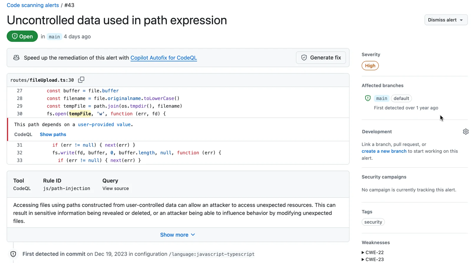GitHub code scanning alert #63 'Uncontrolled data used in path expression' detected by CodeQL, showing the vulnerable route handler in routes/fileUpload.ts, a source→sink data flow trace, a Copilot Autofix for CodeQL 'Generate fix' button, plus severity, affected branches, and weakness CWE tags in the right sidebar