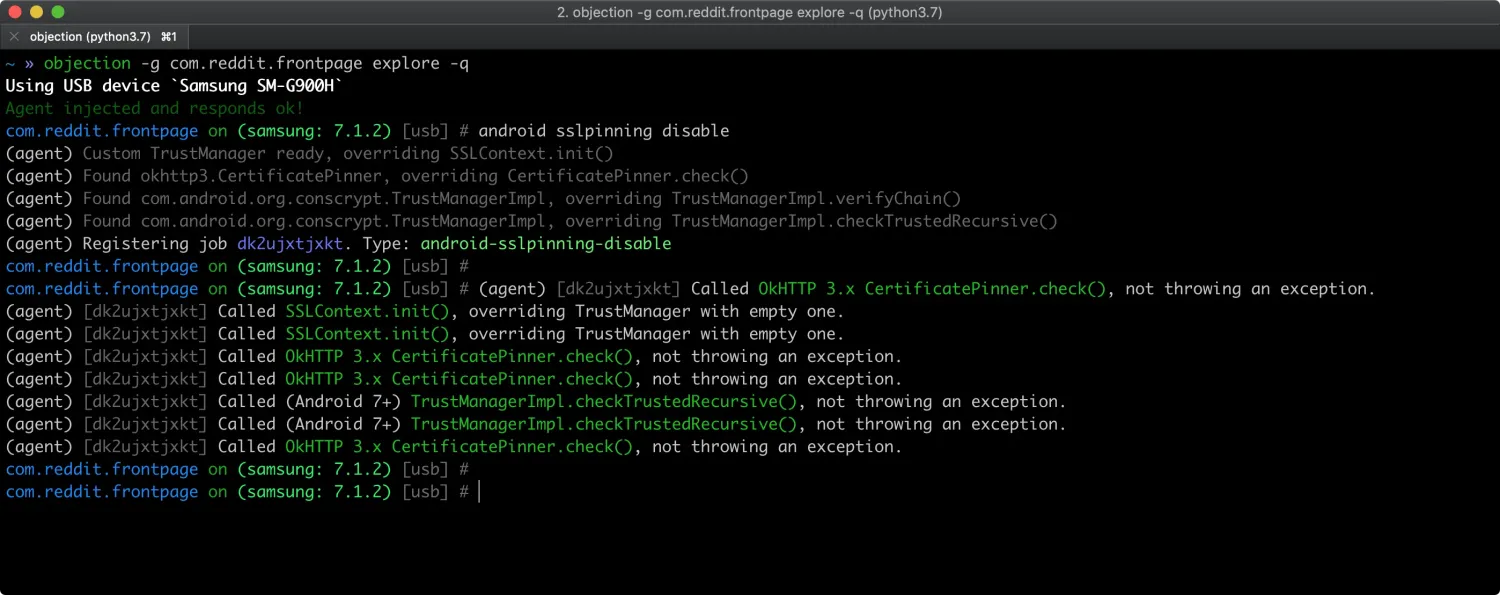 Objection CLI session running android sslpinning disable, showing TrustManagerImpl and CertificatePinner overrides on a Reddit Android app