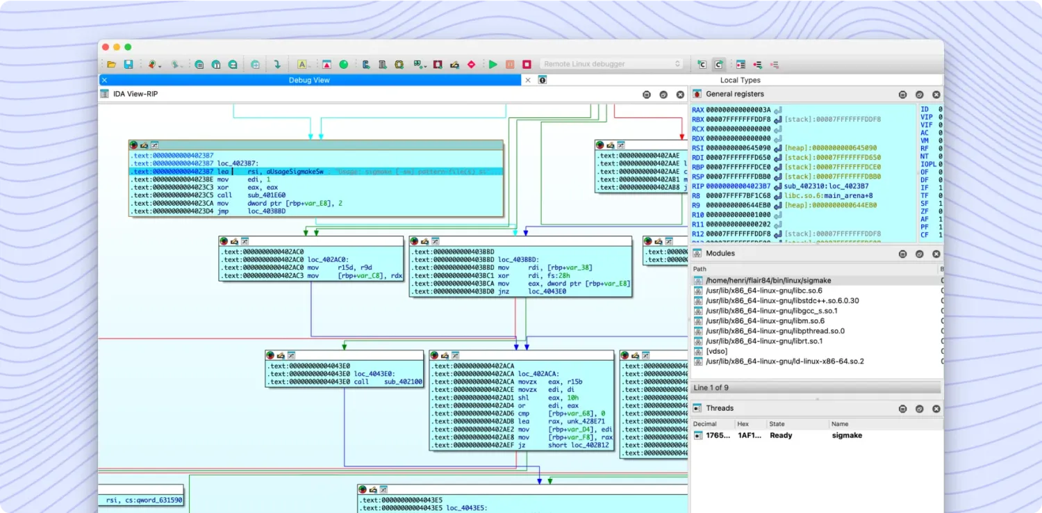 IDA Pro graph view showing disassembled function blocks linked by control-flow arrows, with the Local Types pane and Modules list docked alongside