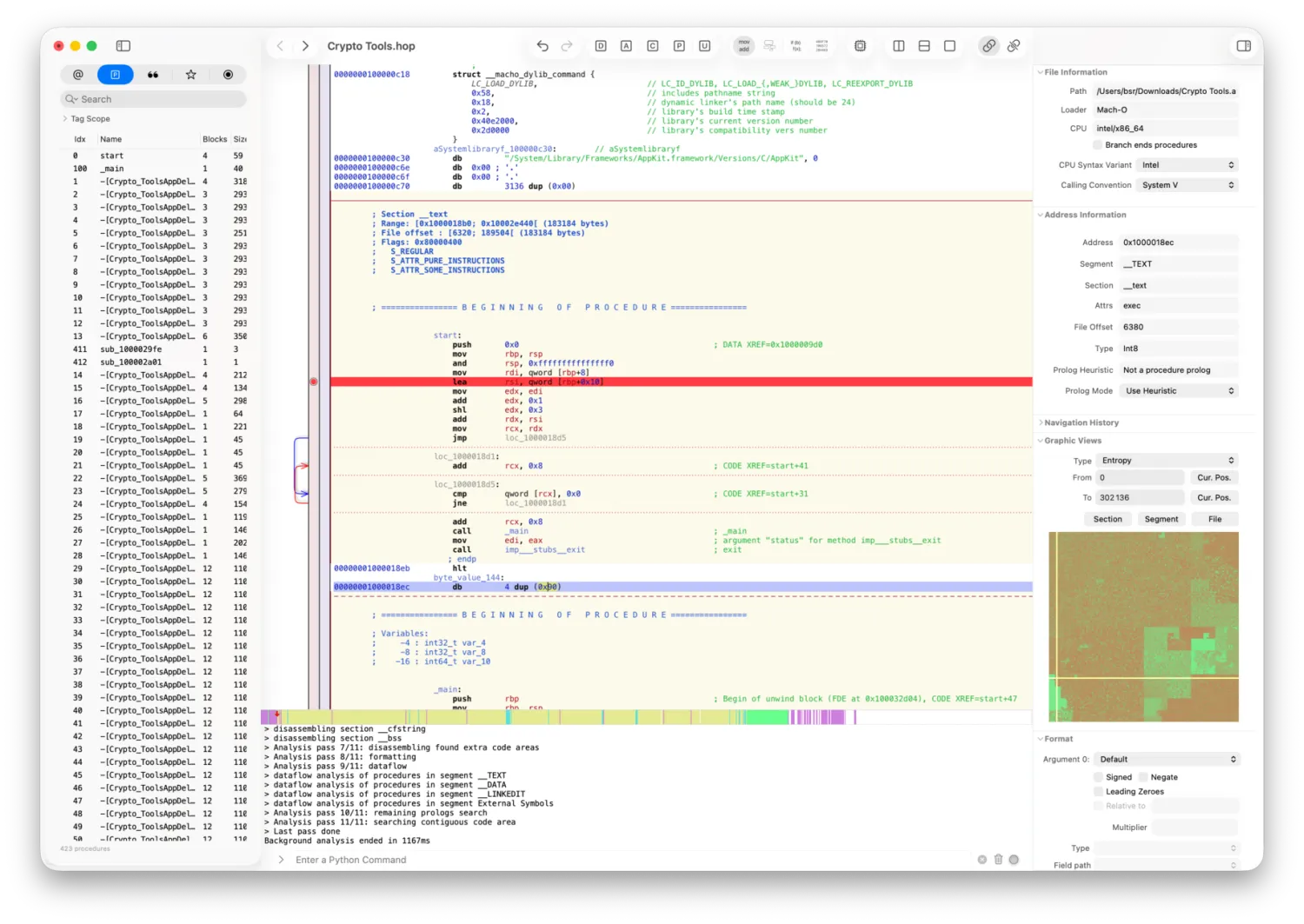 Hopper Disassembler analyzing a Mach-O Crypto Tools binary on macOS with the procedure list, disassembly, and pseudo-code panes side by side