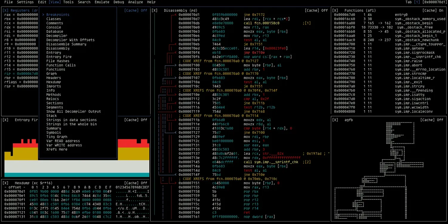 radare2 visual mode in a terminal showing tiled disassembly, function calls, register state, and an ASCII function graph