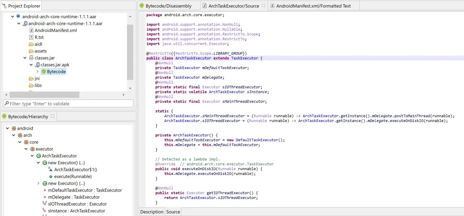 JEB Decompiler showing the ArchTaskExecutor class decompiled from android-arch-core-runtime.aar, with project tree, bytecode hierarchy, and Java source panes