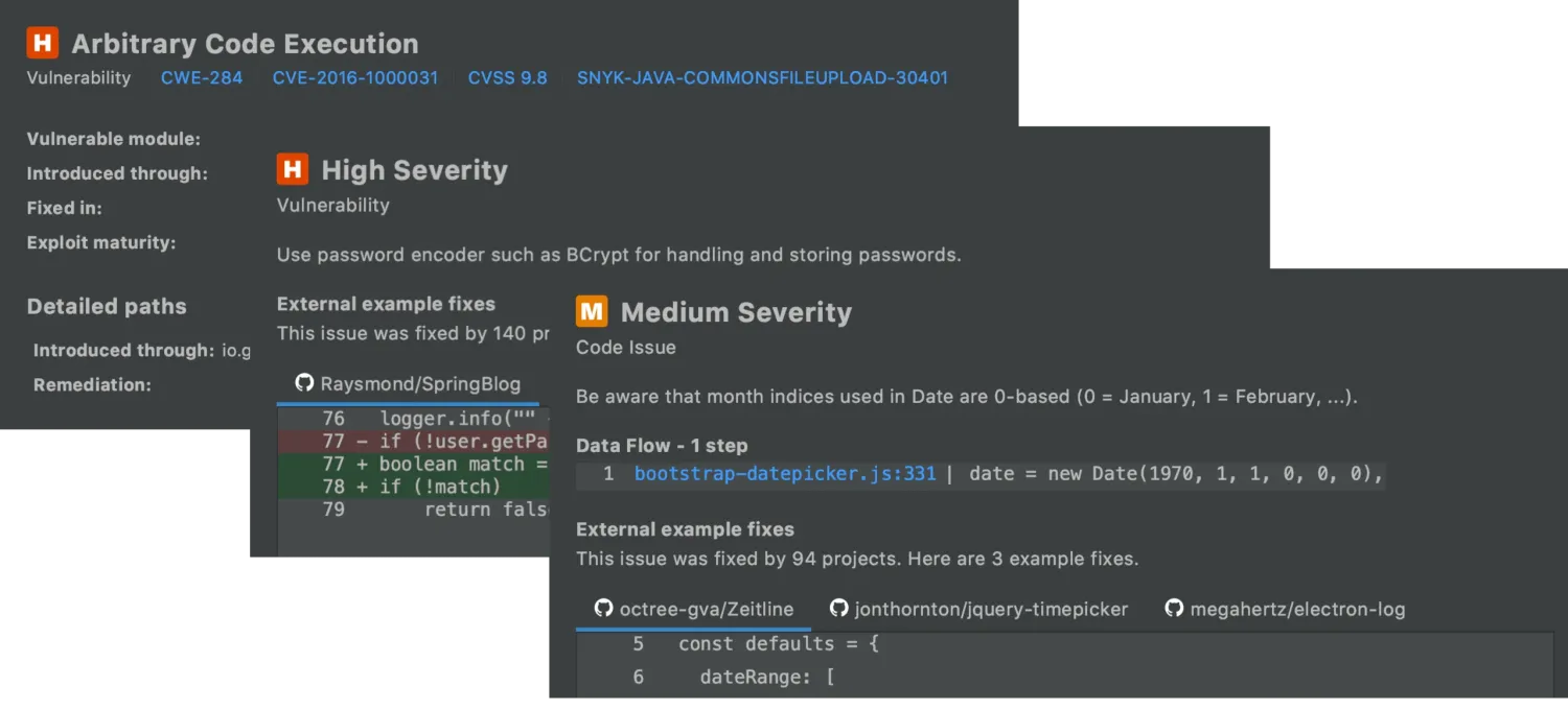 Snyk Code IDE plugin showing vulnerability panels in JetBrains with severity levels, CWE references, data flow paths, and external fix examples