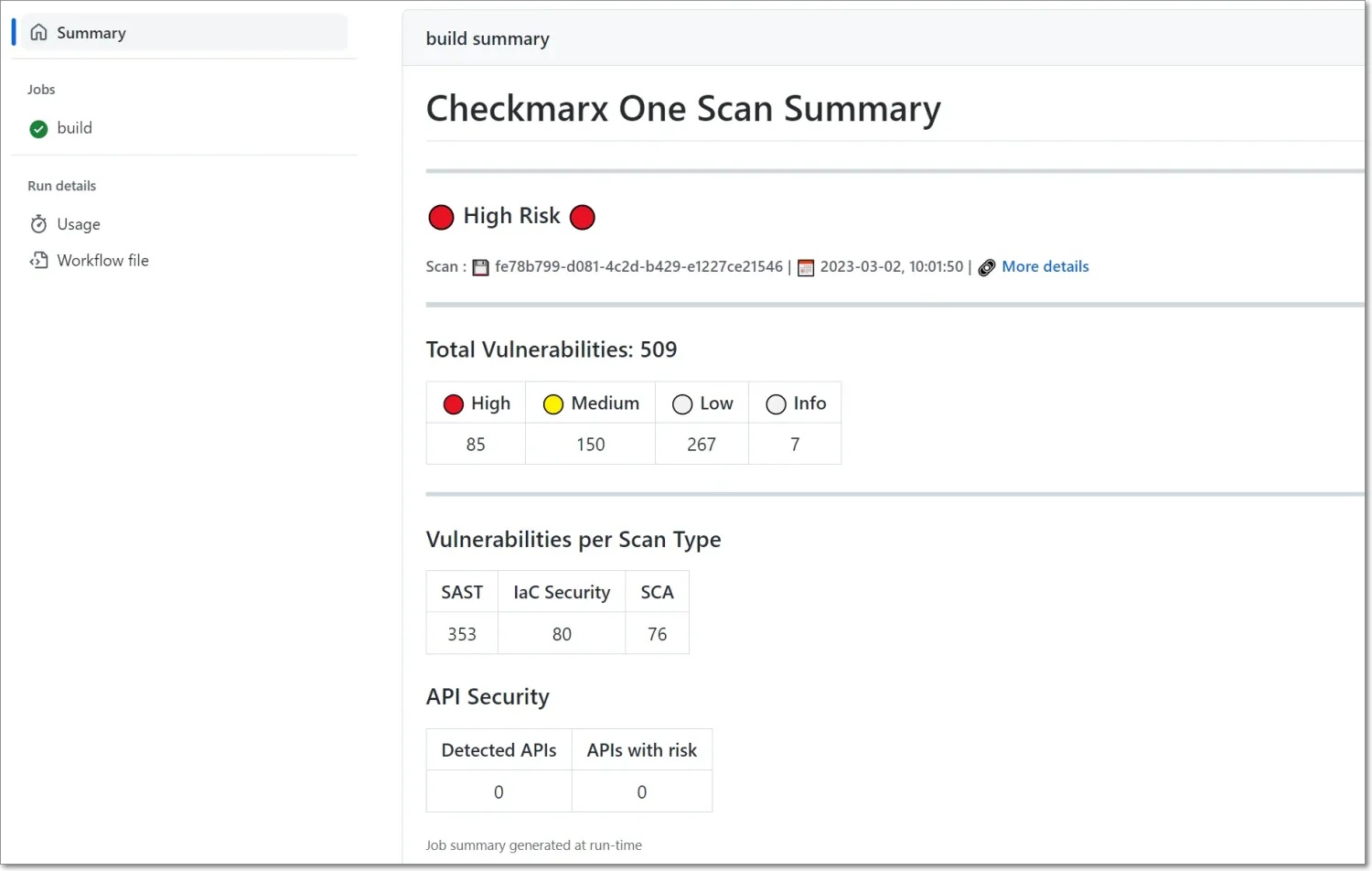 Checkmarx One platform showing SAST scan results with vulnerability findings and severity breakdown