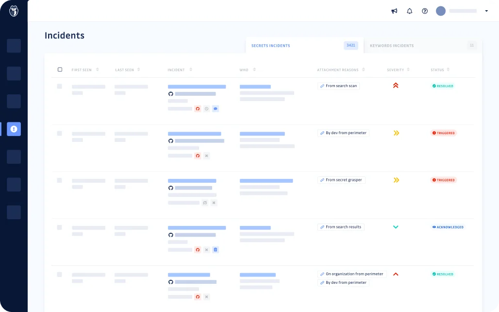 GitGuardian Incidents dashboard showing secrets incidents with severity ratings and resolution status