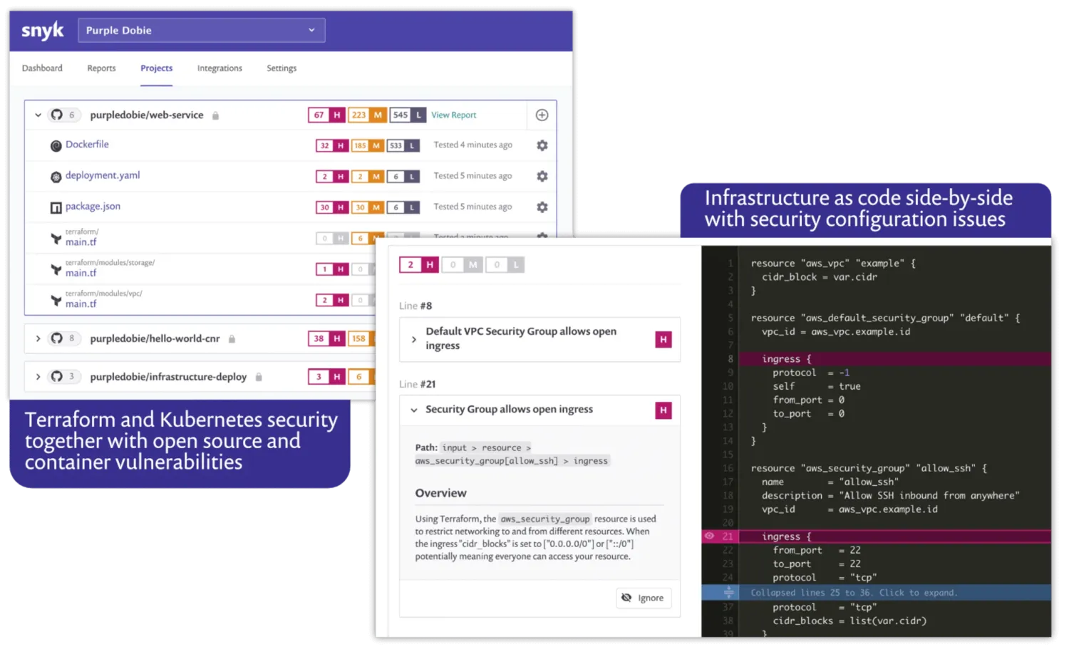 Snyk IaC dashboard showing Terraform and Kubernetes projects with security issue counts