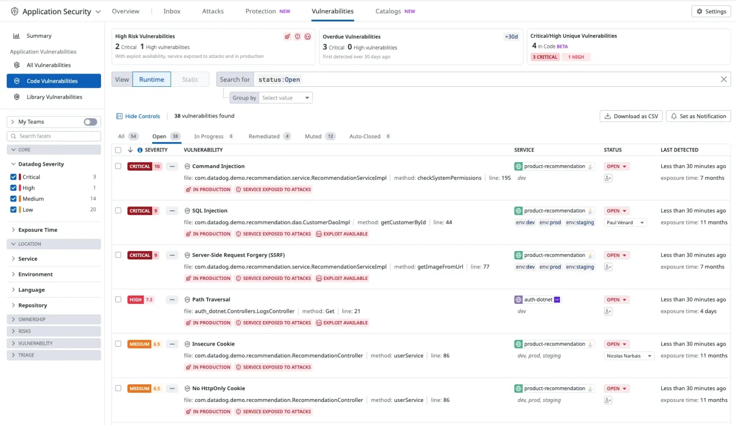 Datadog Code Security IAST findings panel showing runtime vulnerability detection with OWASP Benchmark 100% accuracy