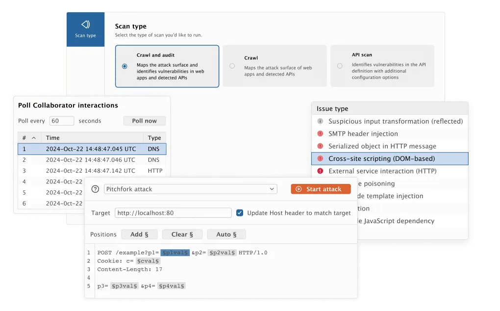 Burp Suite Professional scanner interface showing scan type selection, Collaborator interactions, and issue type detection including XSS, SMTP header injection, and template injection