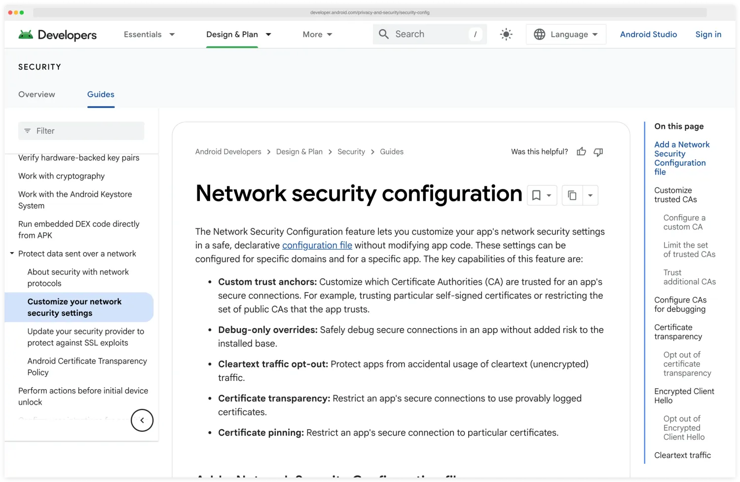 Android Developers privacy and security documentation page on Network Security Configuration describing how apps targeting Android 7 (API 24) and above no longer trust user-installed CA certificates by default, with the network_security_config.xml schema, base-config and trust-anchors elements, and per-domain debug overrides used to opt back in