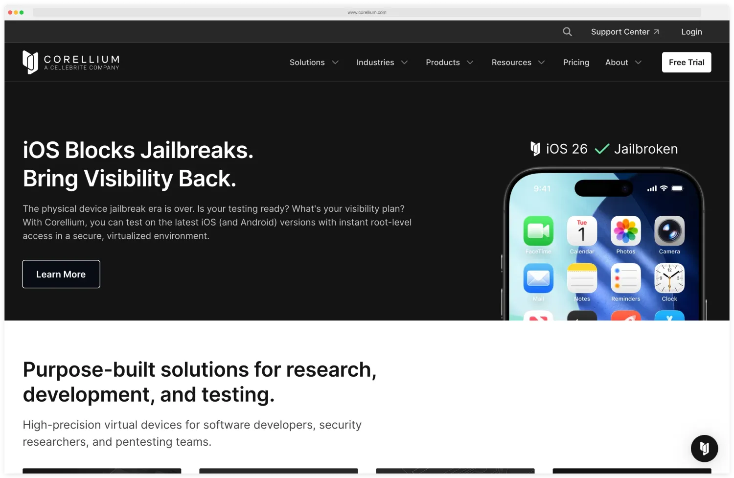 Corellium homepage describing the virtualized ARM-native iOS and Android device platform used by mobile security researchers, with sections covering jailbreak access, hooking and instrumentation, snapshot and clone workflows, the device farm, and the federal and enterprise customer segments
