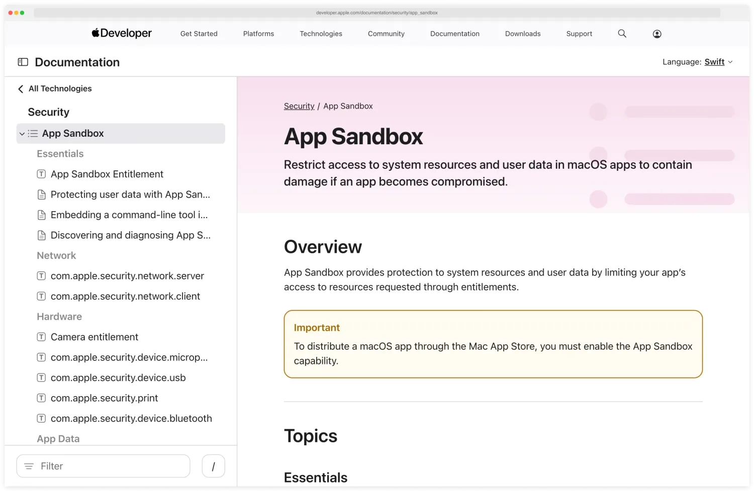 Apple Developer documentation page for App Sandbox in the Security framework, describing the kernel-level container that restricts an app's access to user data, the file system, hardware, and other apps, with the sandbox profile entitlement system that opts into specific resources