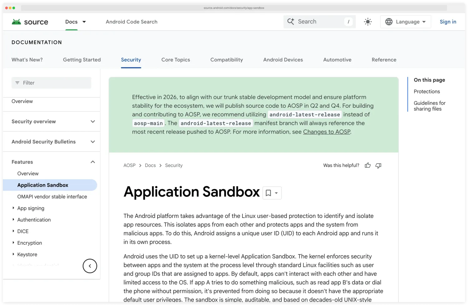 Android Source documentation page on the Application Sandbox describing how each Android app is given a unique Linux user ID and runs in its own process, isolated by the kernel, with SELinux enforcing additional mandatory access controls between apps
