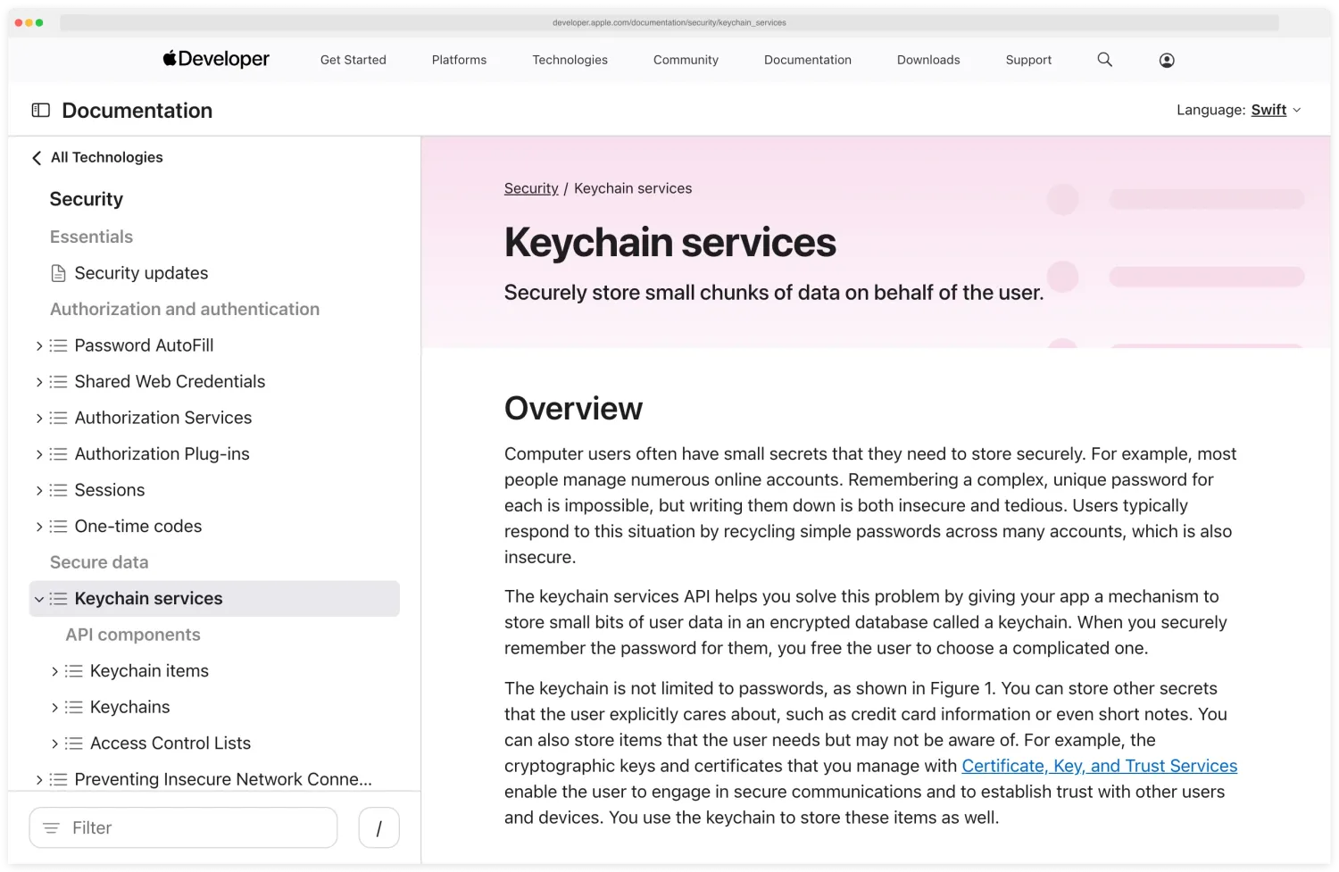 Apple Developer documentation page on Keychain Services explaining how iOS apps store passwords, keys, certificates, and notes in an encrypted database with per-item protection classes, biometric access controls via Local Authentication, and per-device-only synchronization options