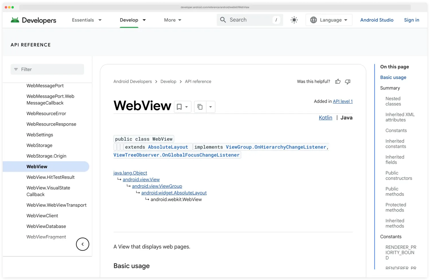 Android Developers reference page for android.webkit.WebView showing the class signature, the loadUrl, evaluateJavascript, addJavascriptInterface, setAllowFileAccess, and setAllowUniversalAccessFromFileURLs methods, and the deprecation notes that describe the security implications of each