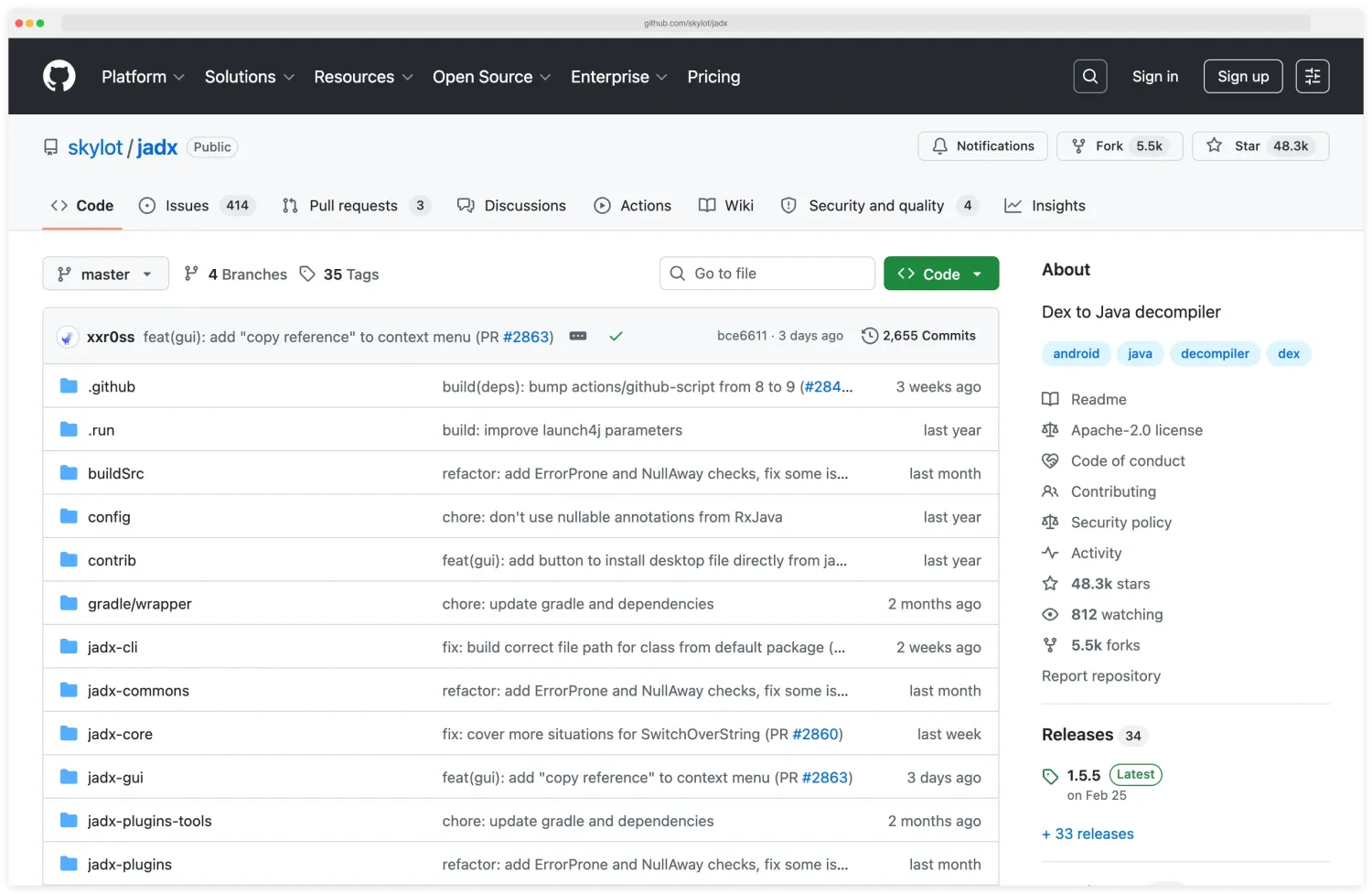 jadx repository on GitHub by the skylot organisation, the open-source DEX to Java decompiler that converts Android APK bytecode back to readable Java source, with the README, command-line examples, GUI screenshot link, contributor list, and Apache-2.0 license visible