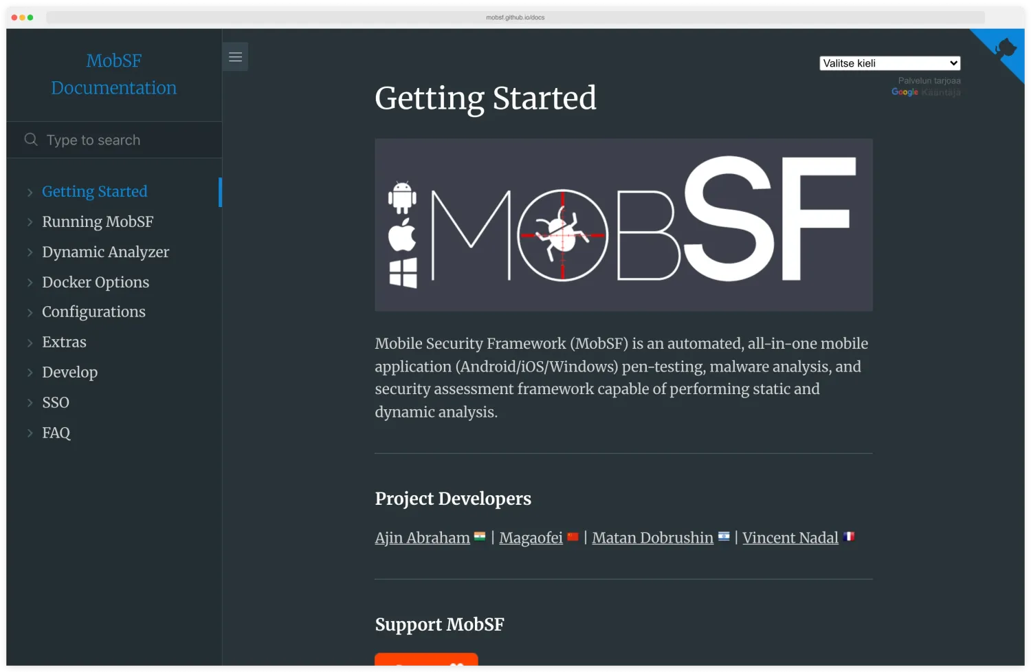 MobSF Mobile Security Framework documentation Getting Started page describing the all-in-one Android, iOS, and Windows pentest, malware analysis, and assessment framework that performs static and dynamic analysis, with the sidebar showing Running MobSF, Dynamic Analyzer, Docker Options, Configurations, and SSO sections