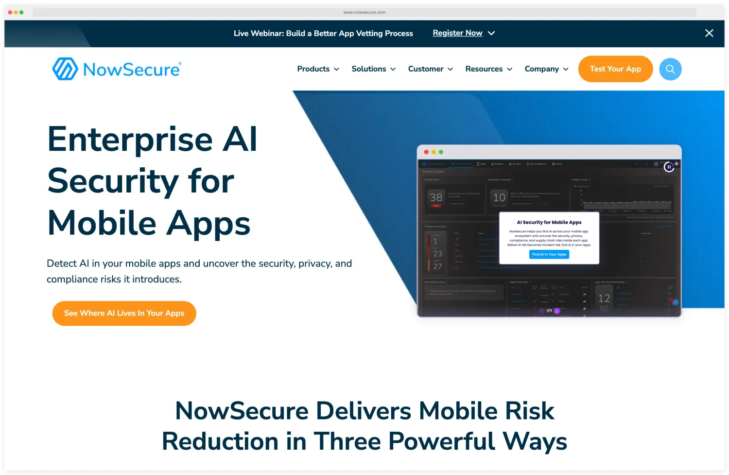 NowSecure homepage with the headline Enterprise AI Security for Mobile Apps and an embedded dashboard screenshot showing per-app risk metrics, AI Security for Mobile Apps panel, vulnerability counts, and the See Where AI Lives In Your Apps call to action