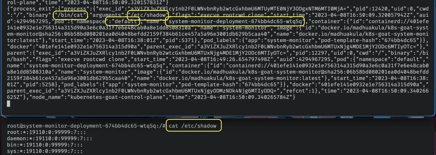 Cilium Tetragon detecting a container reading /etc/shadow — JSON event output showing process execution, pod metadata, and file access details in a Kubernetes cluster