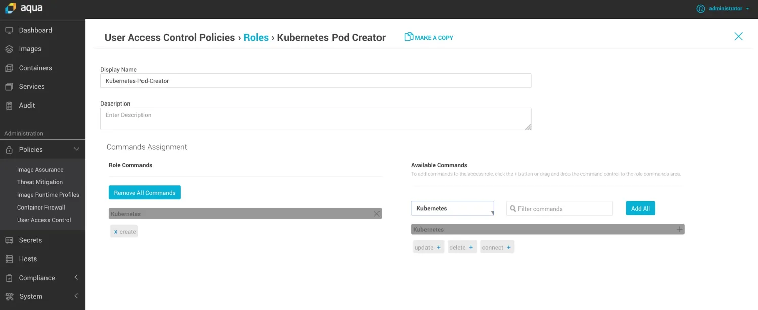 Aqua Security console showing User Access Control Policies with role assignment for Kubernetes Pod Creator, displaying available commands for pod create, update, delete, and connect operations