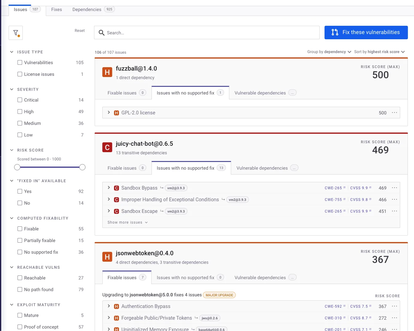 Snyk Open Source project issues view showing 107 vulnerabilities grouped by dependency with risk scores, severity filtering, reachable vulns filter, and fix button