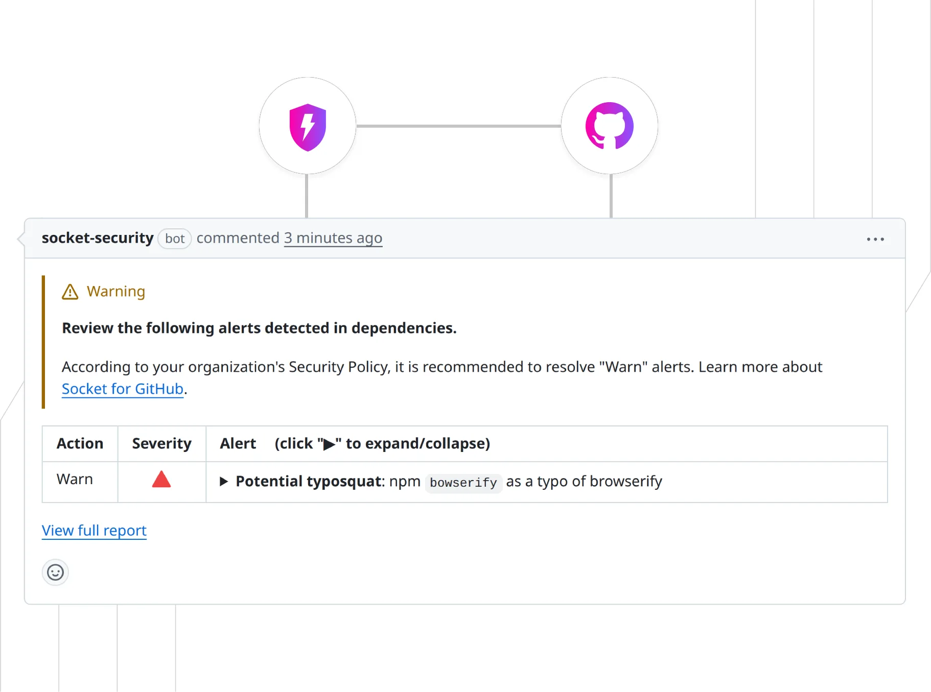 Socket GitHub integration showing a pull request comment from socket-security bot warning about a potential typosquat detection for an npm package