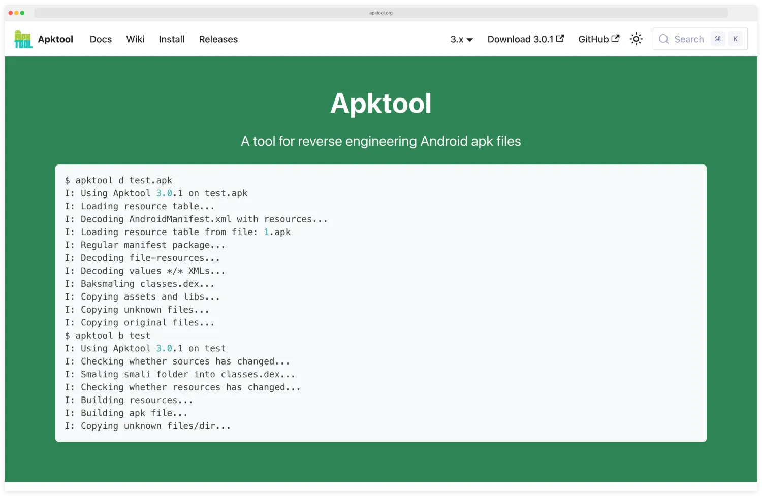 Apktool homepage showing the Android APK reverse engineering and rebuild toolkit