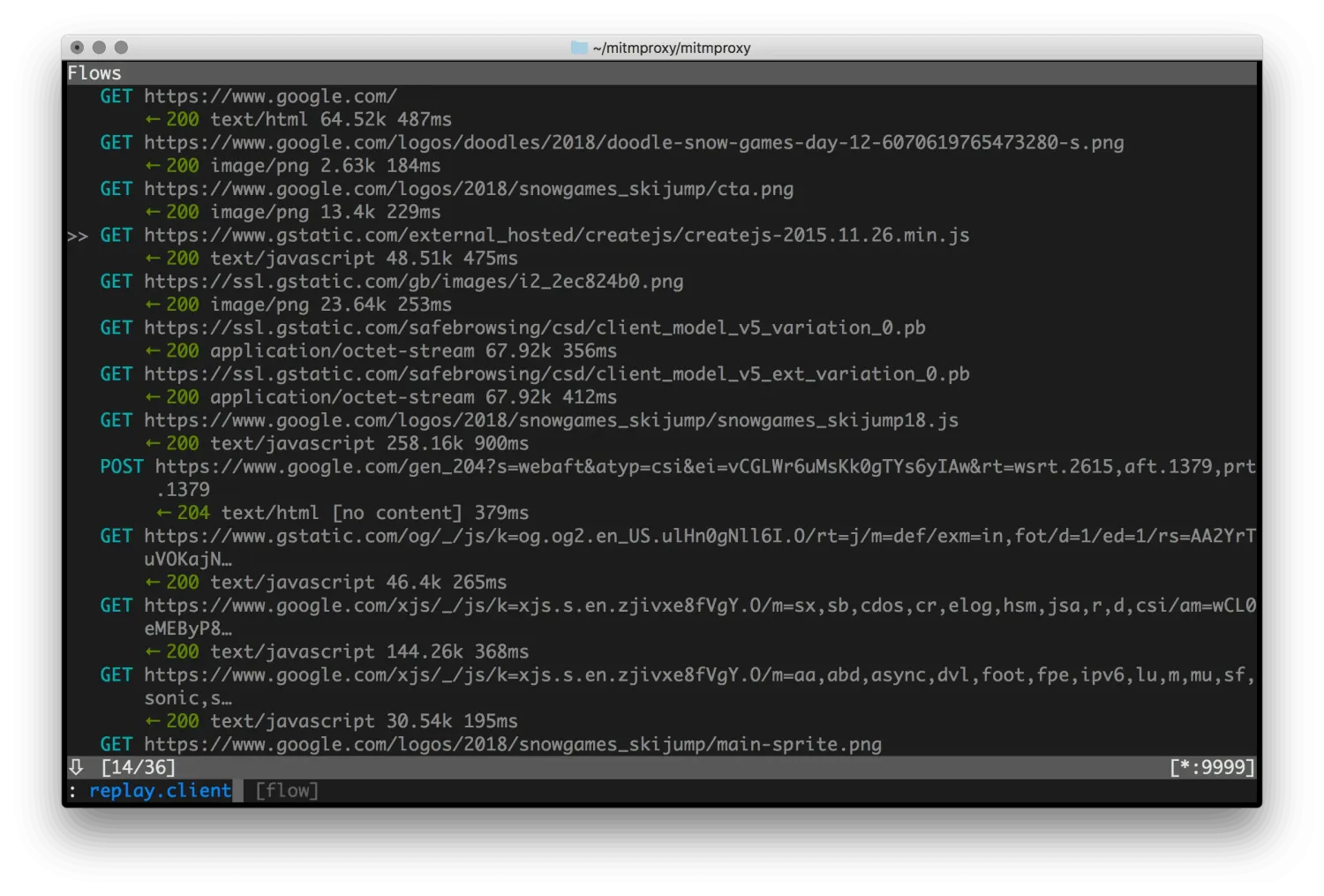 mitmproxy mitmweb interface intercepting HTTPS traffic from a mobile client