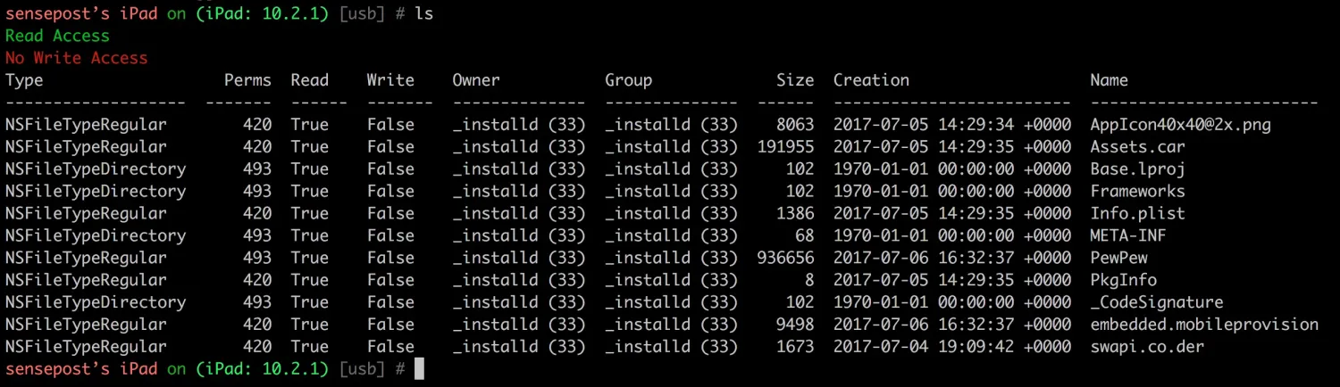 Objection iOS filesystem exploration terminal output showing a mobile pentest session
