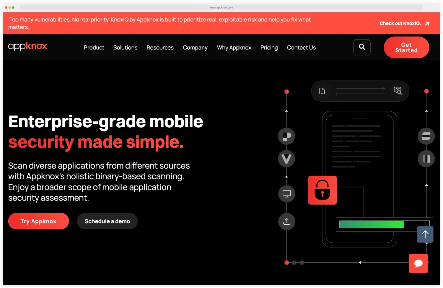 Appknox homepage showing the vendor's unified mobile SAST plus DAST plus API testing positioning with the under 1% false positives claim