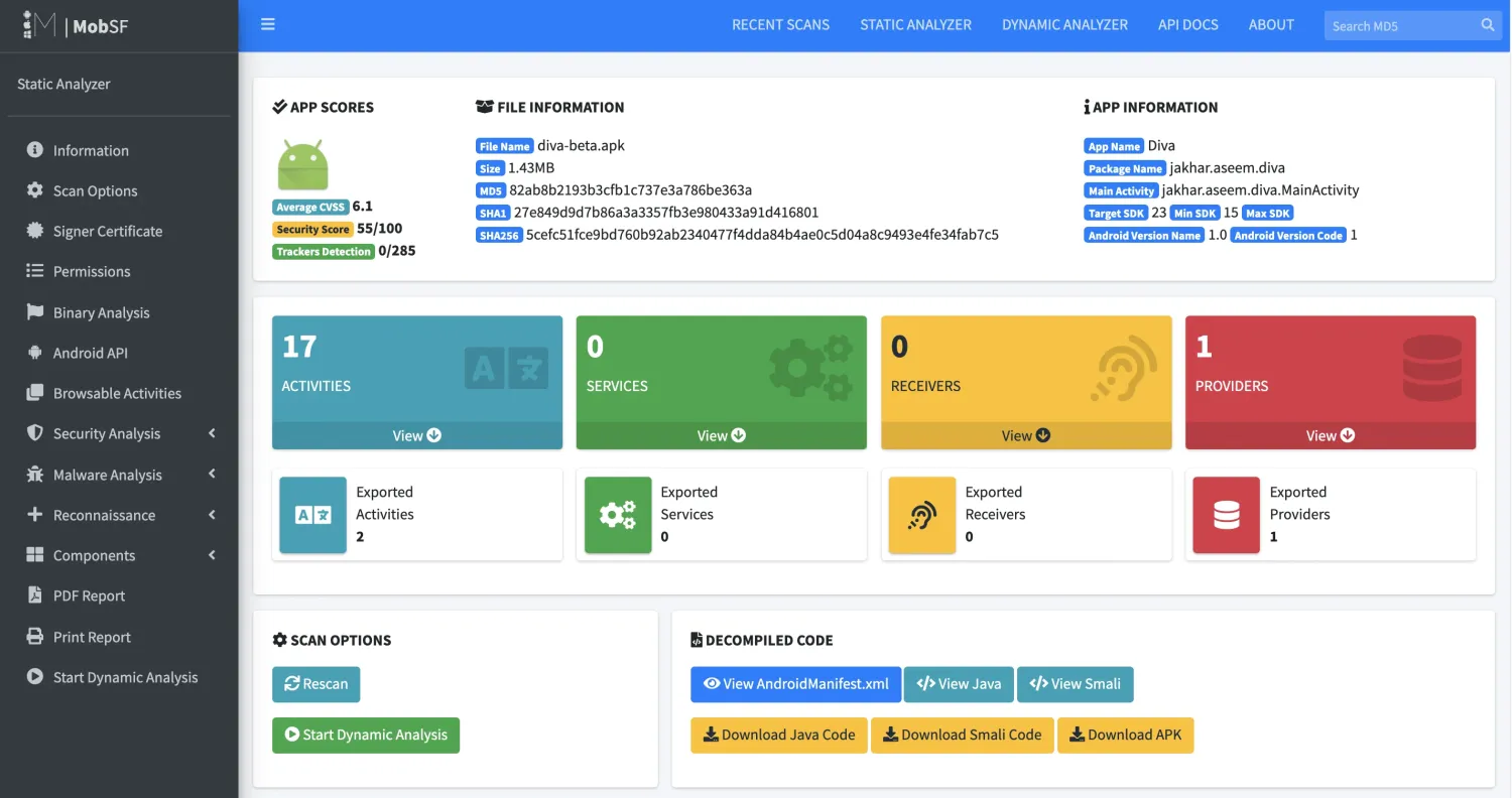 MobSF dashboard showing Android app scan results with manifest analysis, code findings, and SBOM export