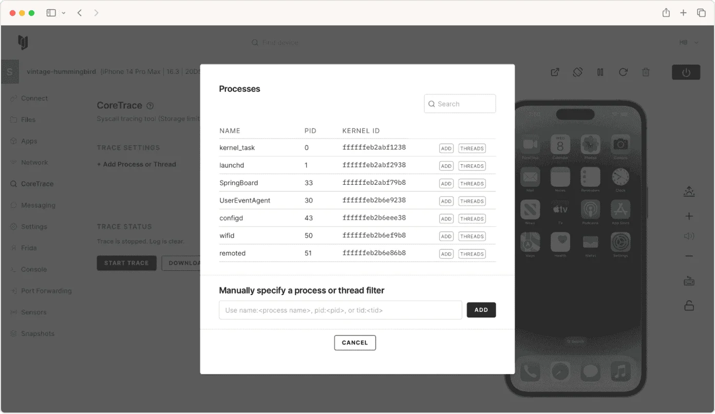 Corellium platform showing CoreTrace process list for a virtual iPhone 14 Pro Max running iOS 16.3, with kernel processes including kernel_task, launchd, and SpringBoard available for syscall tracing