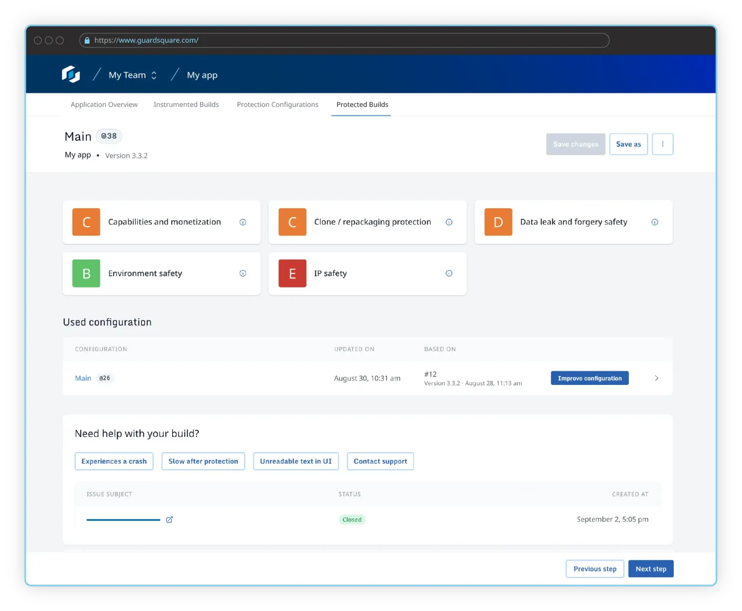 Guardsquare protection report UI showing Protected Builds dashboard for an iOS app version 3.3.2, with protection categories including capabilities and monetization, clone/repackaging protection, data leak and forgery safety, environment safety, and IP safety