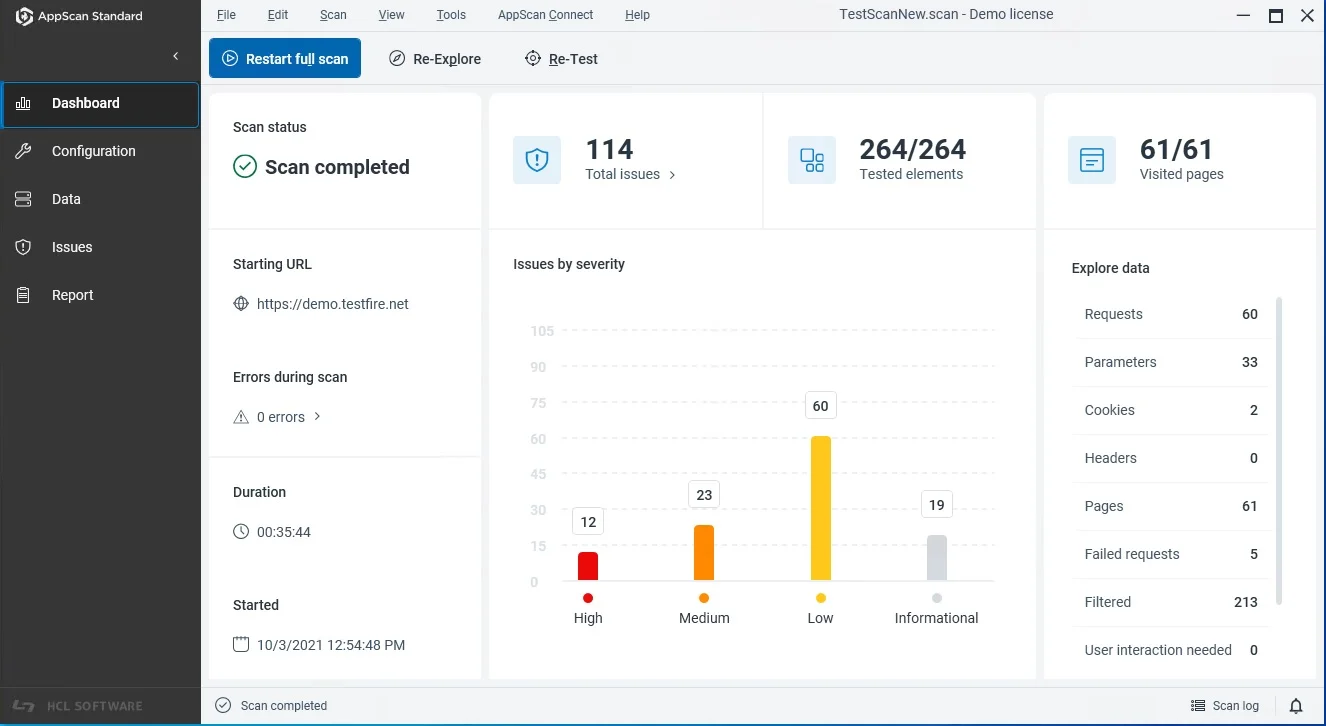 HCL AppScan Standard dashboard showing completed scan with 114 total issues (12 high, 23 medium, 60 low, 19 informational) across 264 tested elements and 61 visited pages