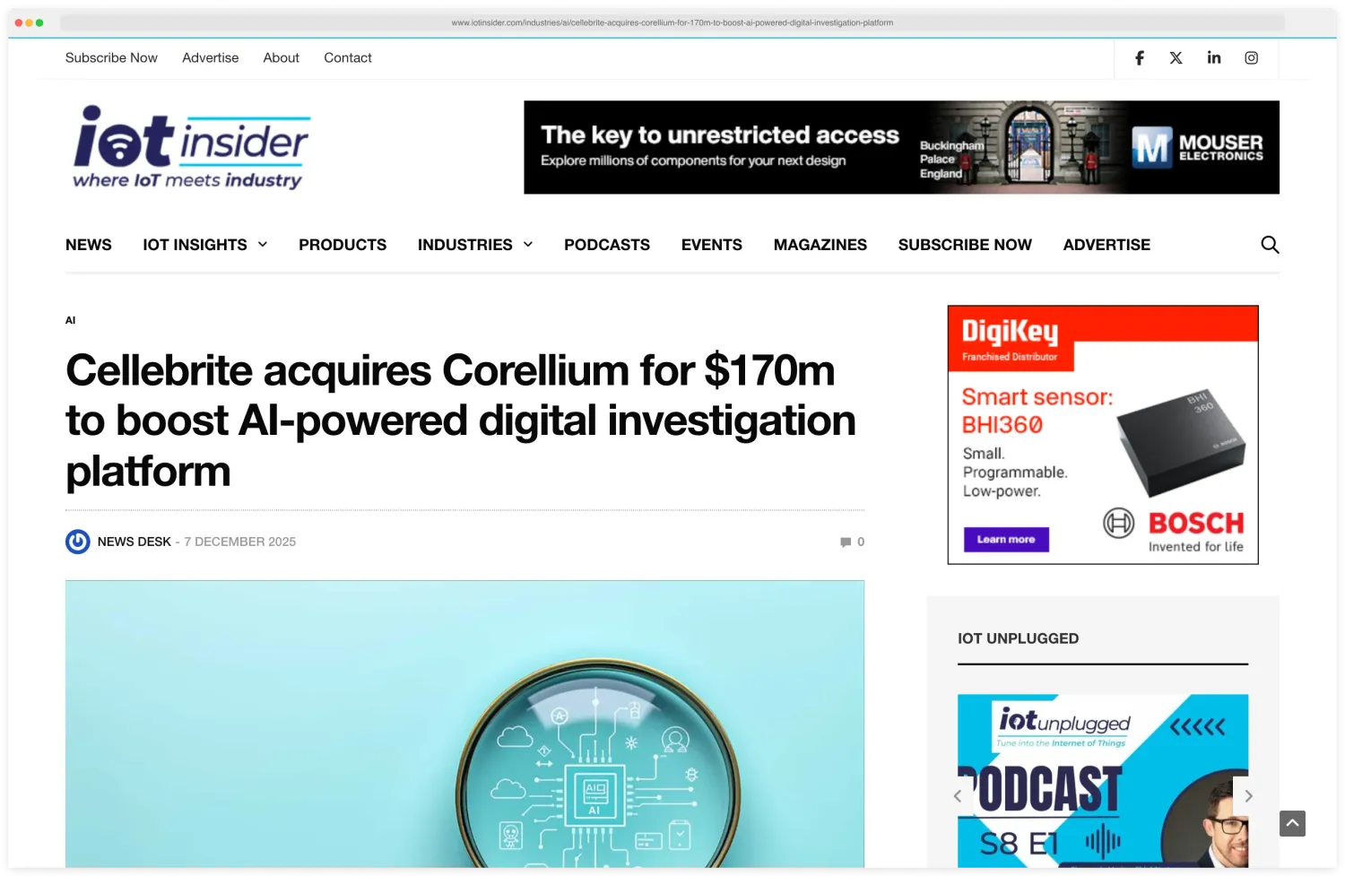 IoT Insider article headline: Cellebrite acquires Corellium for $170m to boost AI-powered digital investigation platform, dated 7 December 2025