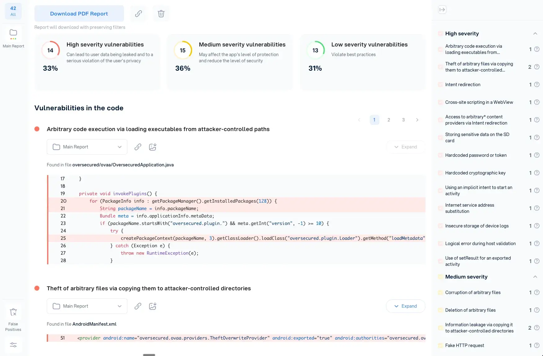 Oversecured vulnerability report showing high, medium, and low severity findings with highlighted source code, file paths, and proof-of-concept exploit details