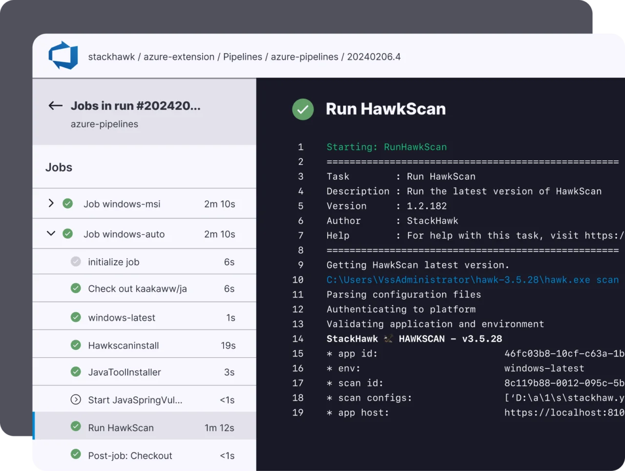 StackHawk HawkScan running in an Azure Pipelines CI/CD job, showing scan configuration output and pipeline step status