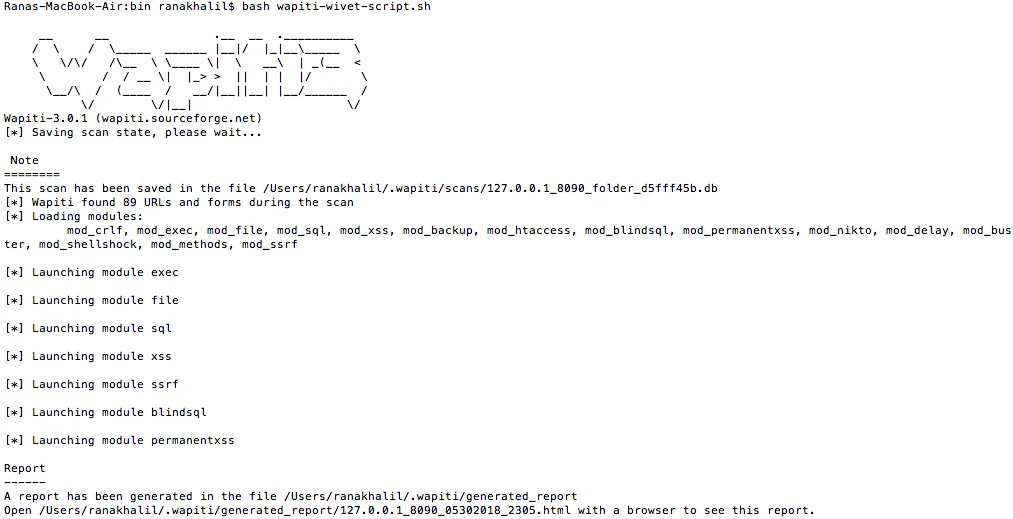 Wapiti 3.2.2 scan output crawling 47 URLs and 12 forms, detecting SQL injection in products?id=1 and reflected XSS in /search, reporting 2 vulnerabilities found