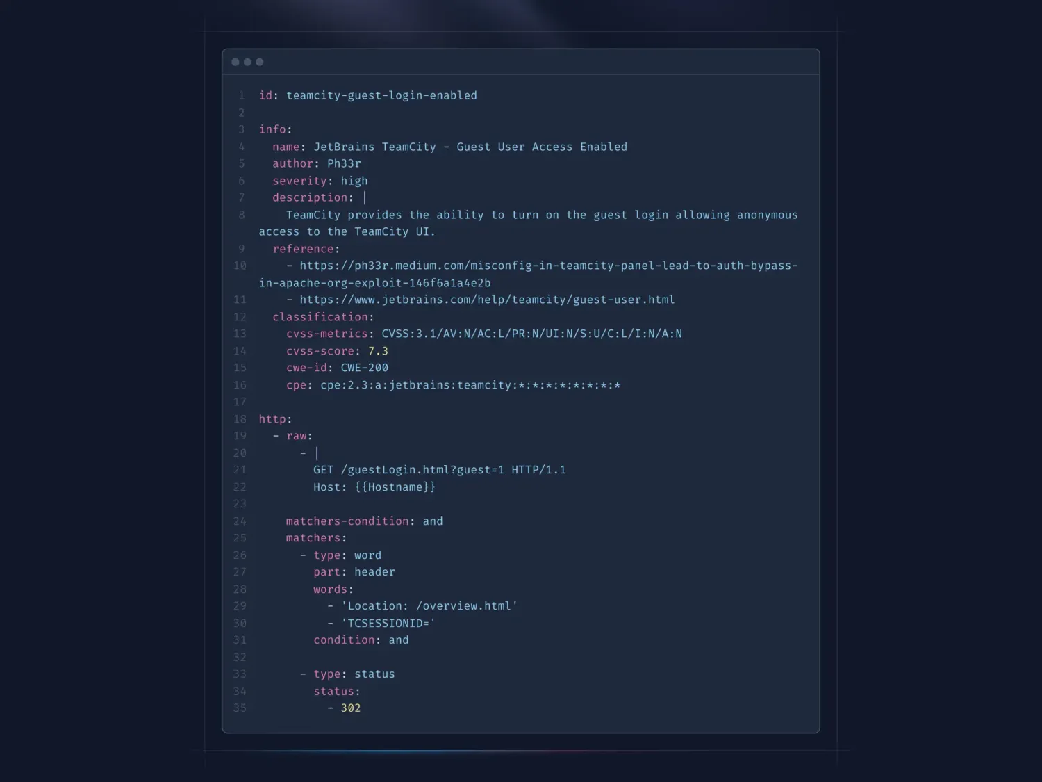 Nuclei CLI output from ProjectDiscovery's README showing a TeamCity misconfiguration template firing against a live host, illustrating Nuclei's template-driven detection format and terminal-first workflow