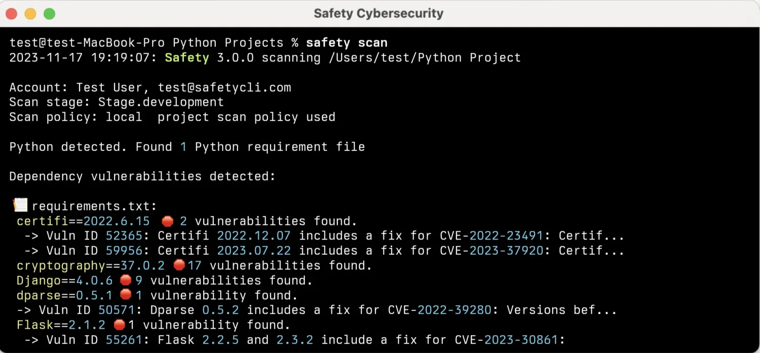 pyupio/safety GitHub repository page showing the Python dependency scanner backed by the Safety DB curated by SafetyCLI