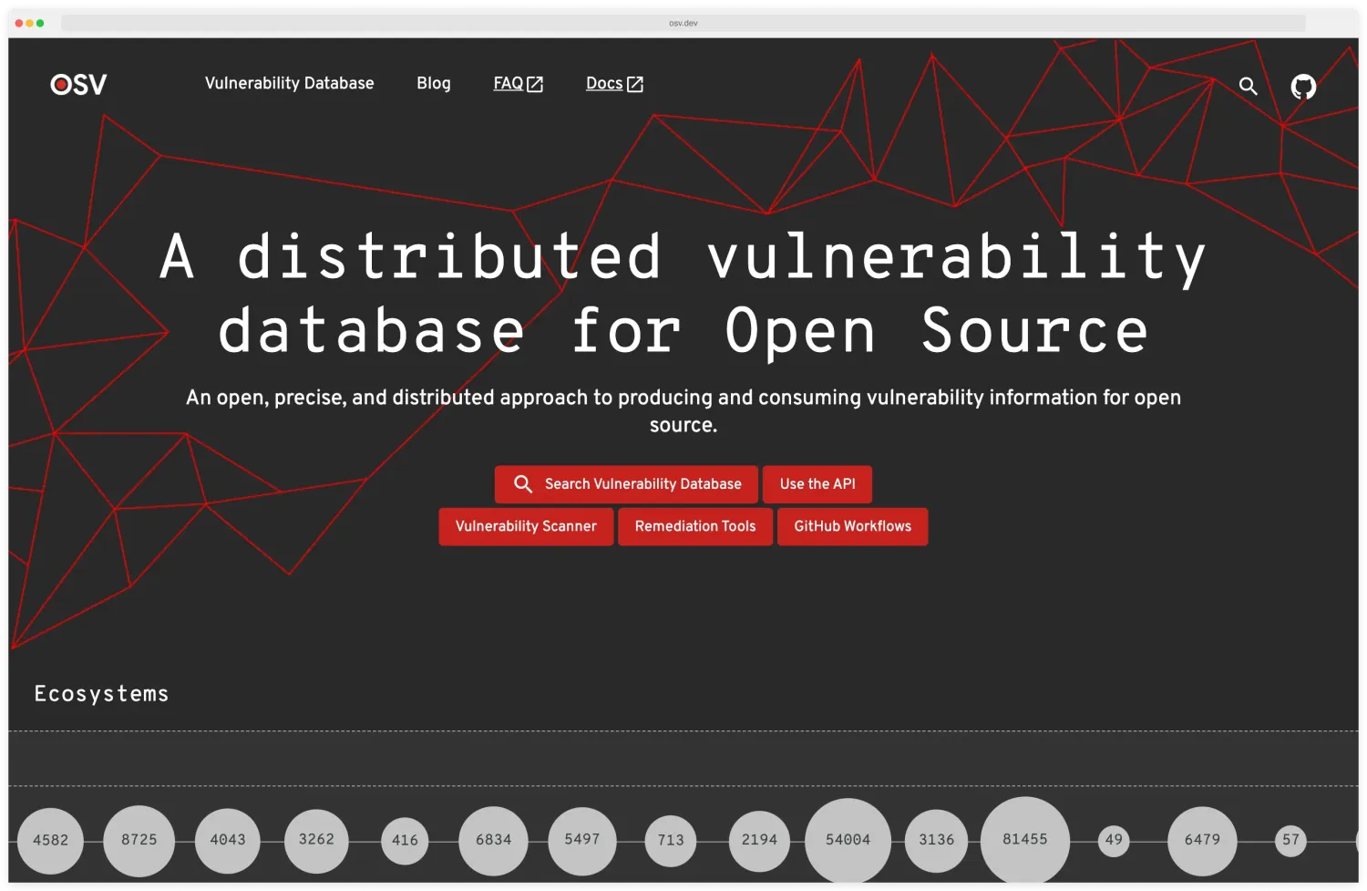 OSV.dev landing page showing Google's distributed vulnerability database that aggregates 30+ ecosystem-specific sources and is queried by OSV-Scanner and pip-audit