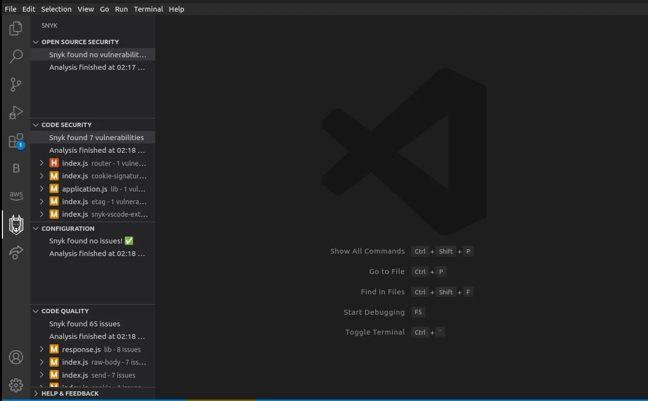 Snyk VS Code extension panel showing Open Source Security, Code Security, and Configuration scan results with vulnerability counts
