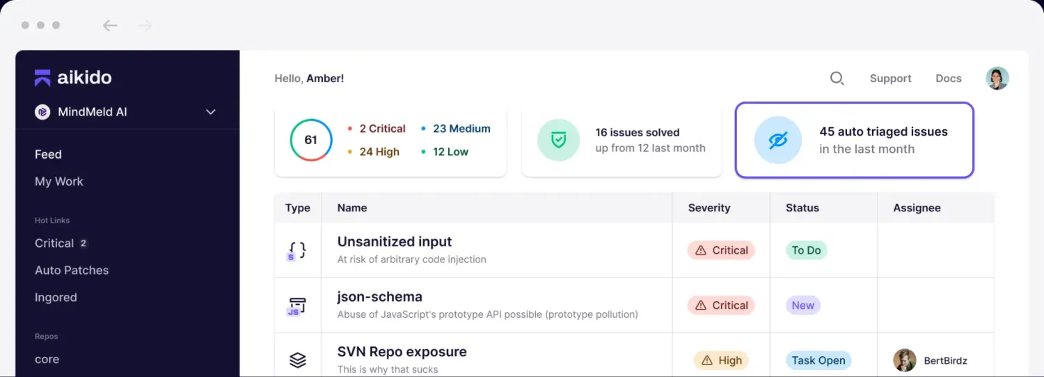 Aikido security platform dashboard showing 61 total issues including 2 Critical and 24 High, with 16 issues solved and 45 auto-triaged in the last month