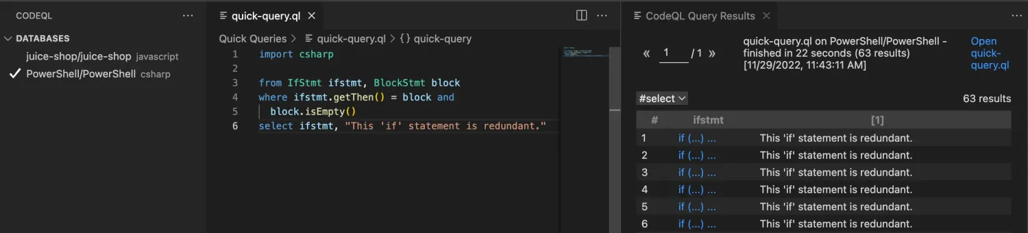 CodeQL for VS Code basic query.ql (import csharp; from IfStmt ifstmt, BlockStmt block where ifstmt.getThen = block and block.isEmpty select ifstmt) running against a juice-shop PowerShell/C# database and returning 63 results in 22 seconds β the queryable-database approach described in the prose